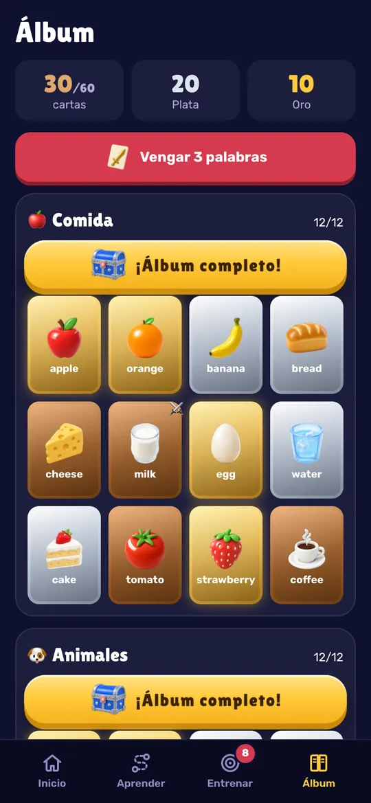 El álbum: la unidad Comida está completa, con cartas de oro, plata y bronce para apple, orange, banana y más