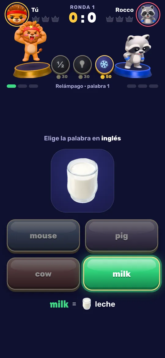 Relámpago: un vaso de leche, y la palabra correcta, milk, se pone verde